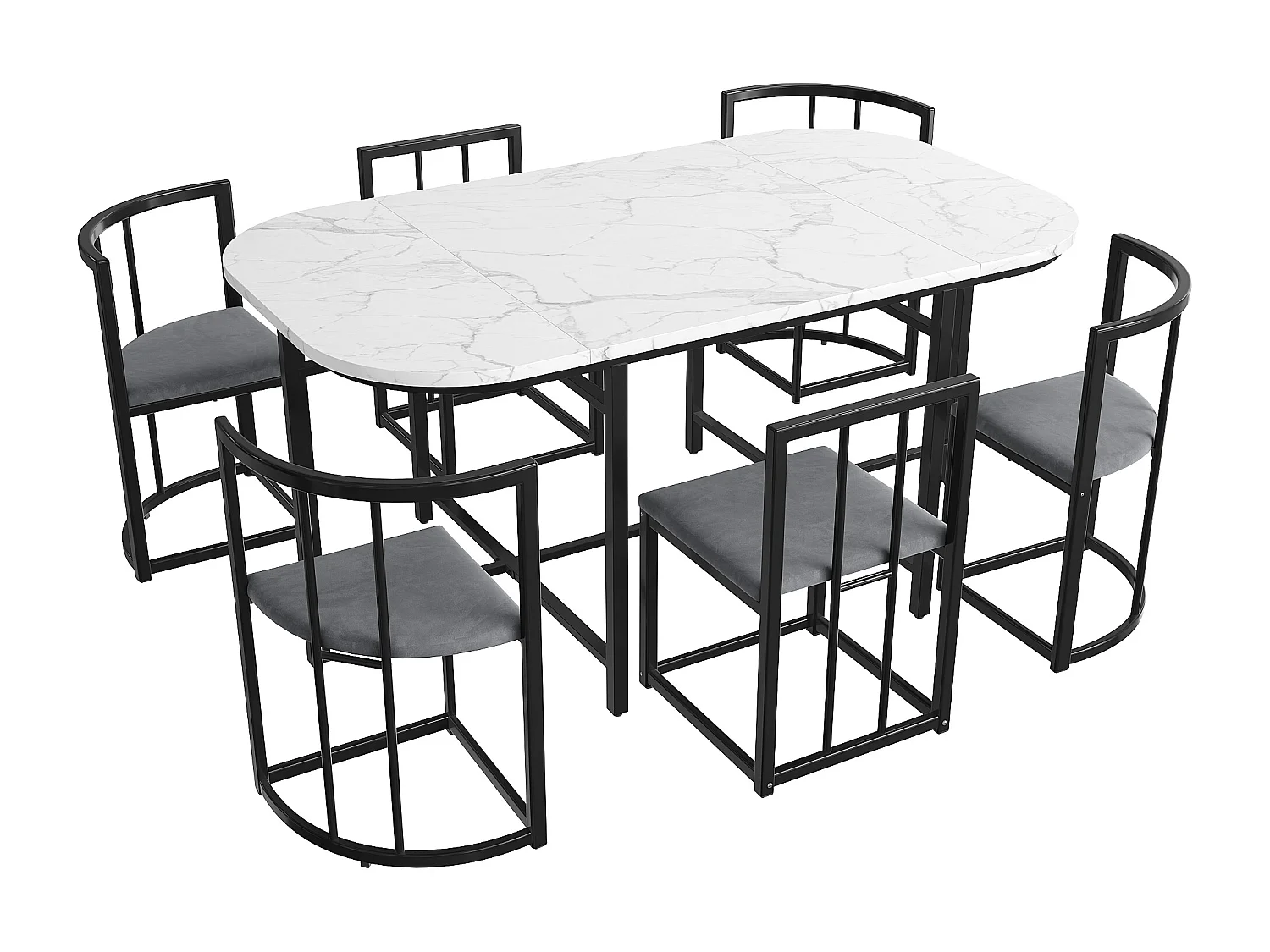 Conjunto de mesa de comedor con 6 sillas, mesa blanca con respaldo y cojín gris, estructura de metal negro, MDF (140 x 80 x 76 cm)