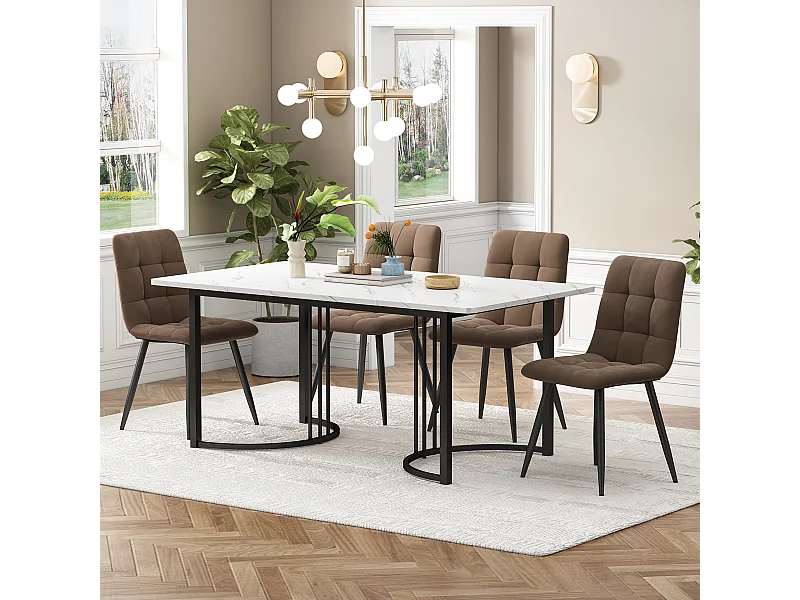 Eetkamerset van 5 stuks, tafel 140x80 cm met 4 beige fluwelen stoelen, zwarte en gouden metalen poten, wit MDF (140x80x75 cm)