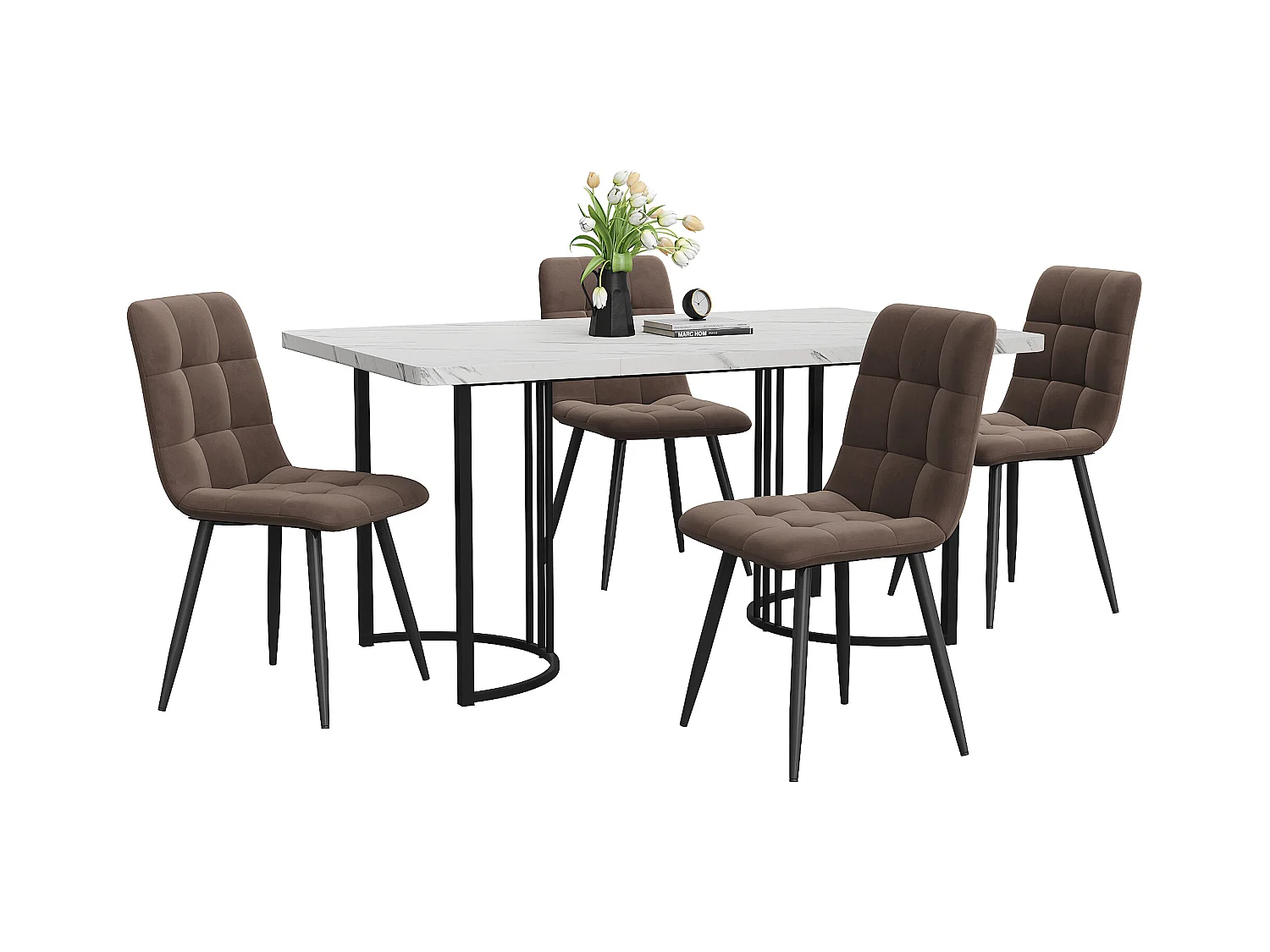 Eetkamerset van 5 stuks, tafel 140x80 cm met 4 beige fluwelen stoelen, zwarte en gouden metalen poten, wit MDF (140x80x75 cm)
