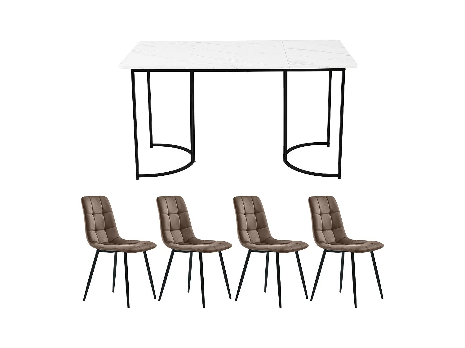 Eetkamerset van 5 stuks, tafel 140x80 cm met 4 beige fluwelen stoelen, zwarte en gouden metalen poten, wit MDF (140x80x75 cm)