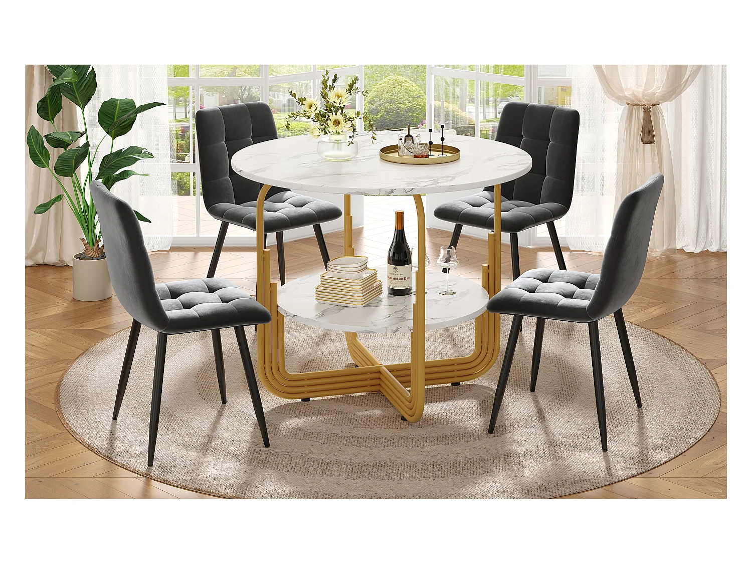 Compacte eetkamerset, 4 grijze fluwelen stoelen, gemarmerd MDF-blad, gouden metalen poten (80x80x76cm)