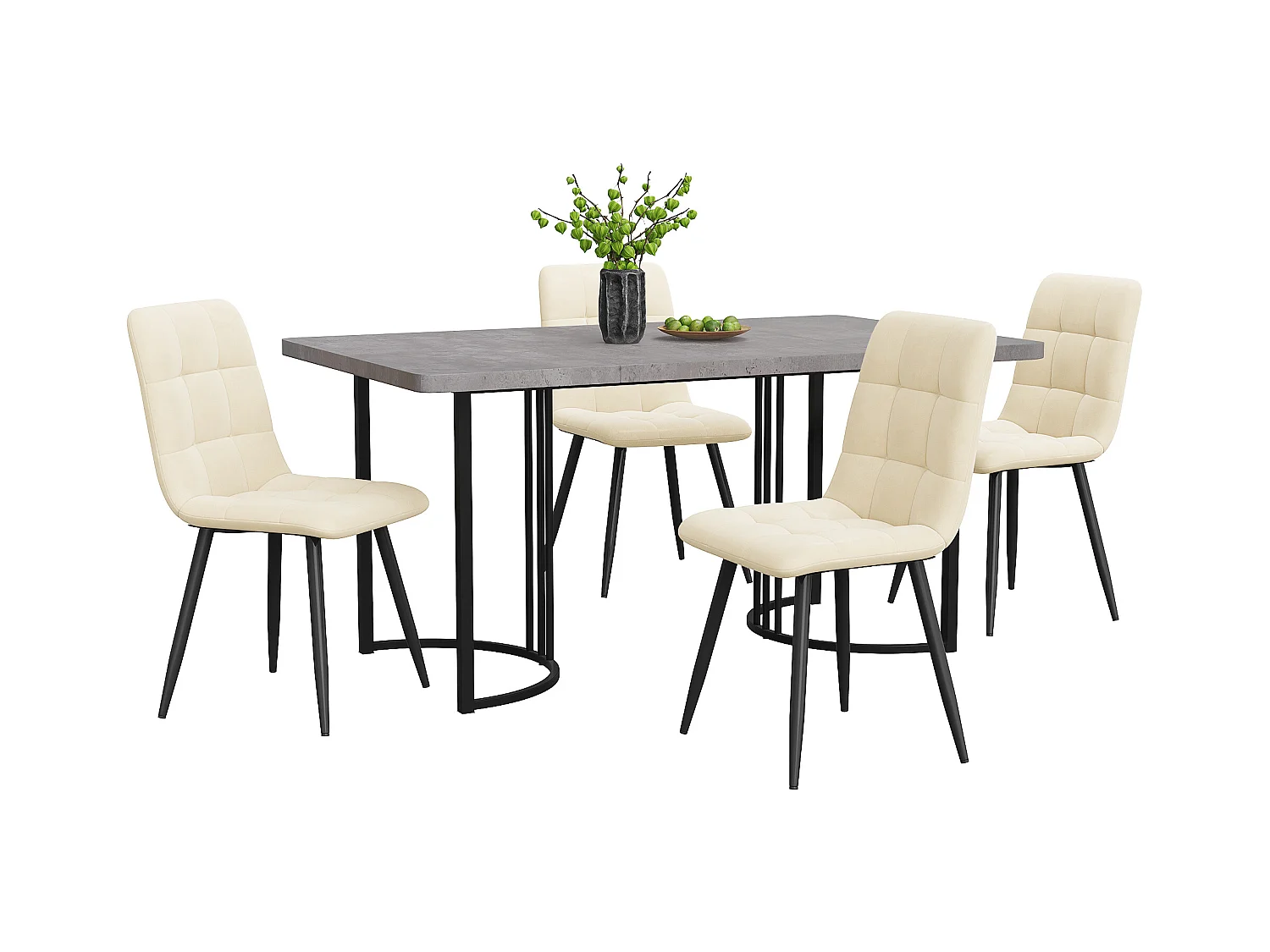 Conjunto de comedor, mesa 140x80x75 cm en MDF gris con patas de metal negro, 4 sillas de terciopelo beige (140x80x75 cm)