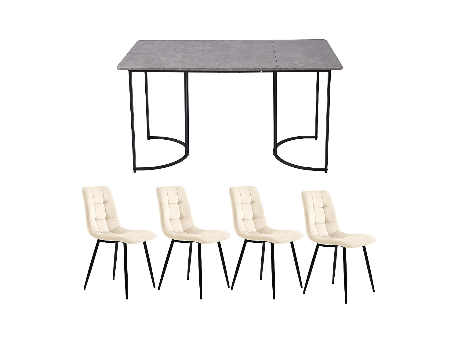 Conjunto de comedor, mesa 140x80x75 cm en MDF gris con patas de metal negro, 4 sillas de terciopelo beige (140x80x75 cm)