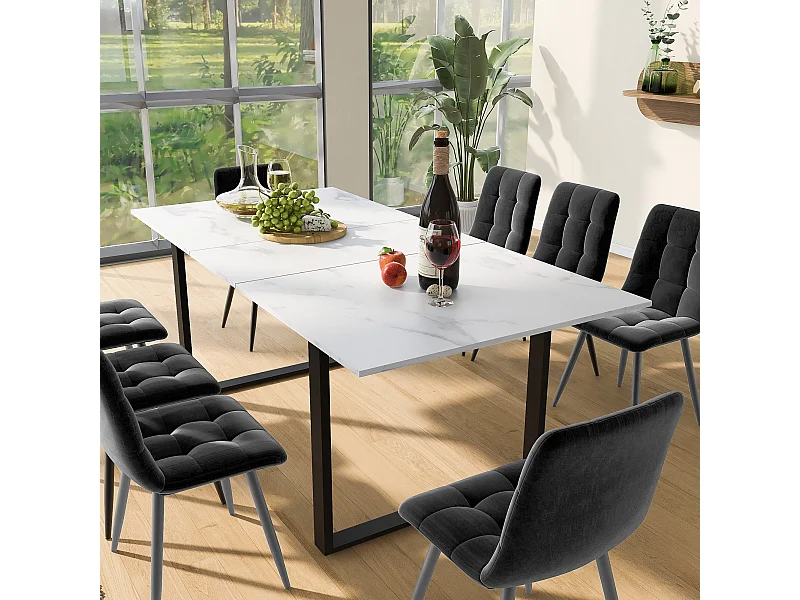 Eettafelset (5 stuks), 140x80 cm tafel met zwarte metalen poten, wit MDF, 8 grijze fluwelen stoelen (140x80x75 cm)