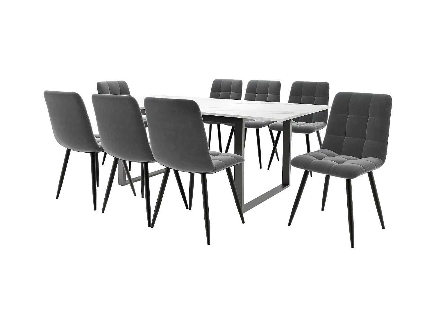 Eettafelset (5 stuks), 140x80 cm tafel met zwarte metalen poten, wit MDF, 8 grijze fluwelen stoelen (140x80x75 cm)