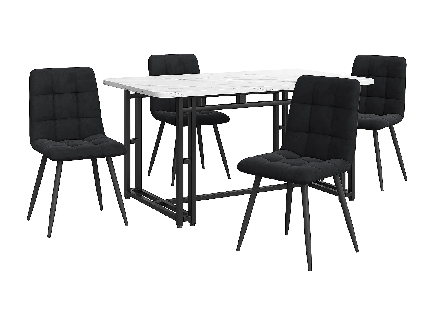 Table à manger noire avec 4 chaises, Table extensible moderne, Chaises en velours noir, Pieds métalliques (140x80x75 cm)