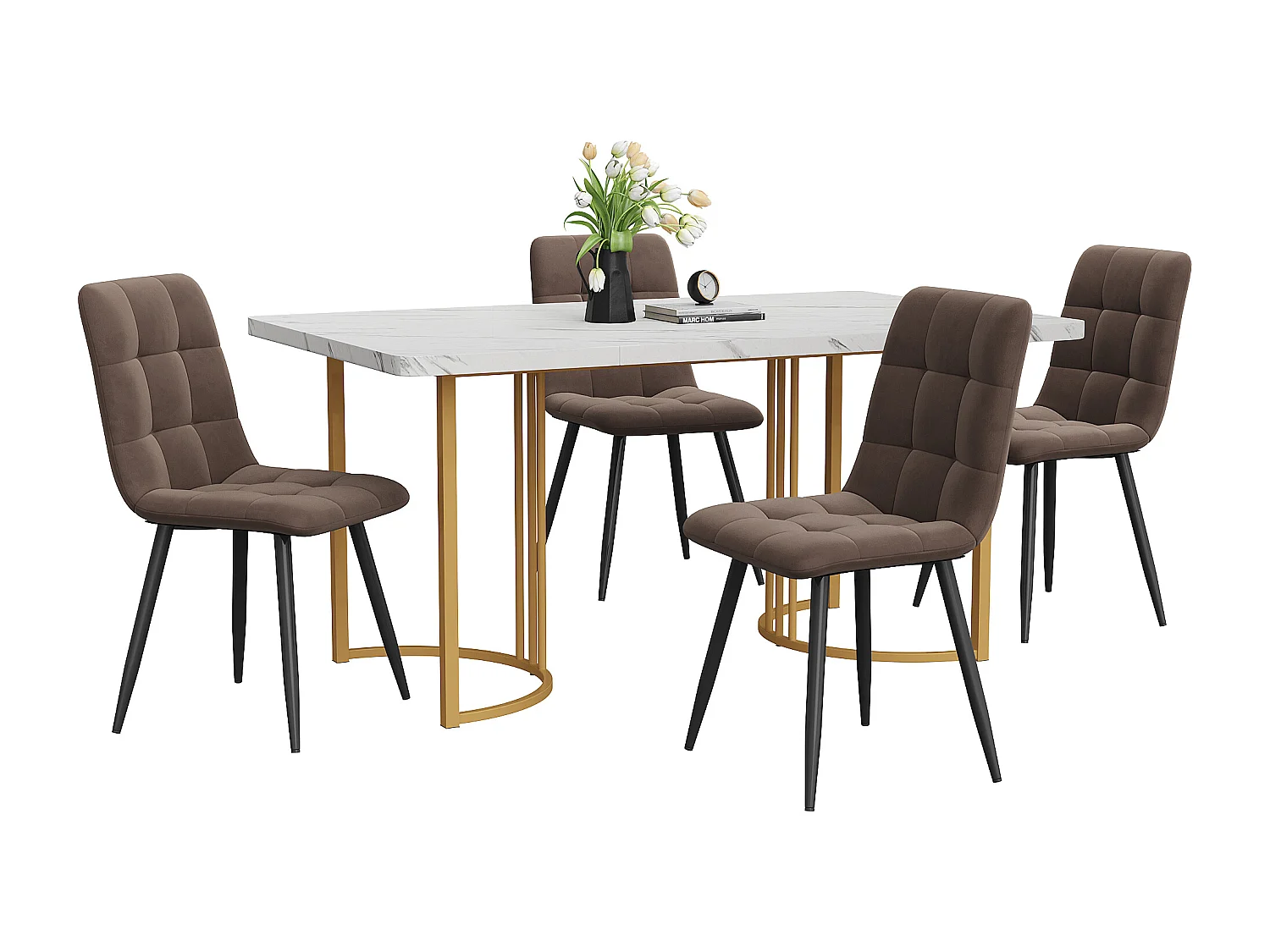 Set da pranzo (5 pezzi), tavolo 140x80 cm con 4 sedie in velluto beige, gambe in metallo dorato, MDF bianco (140x80x75 cm)
