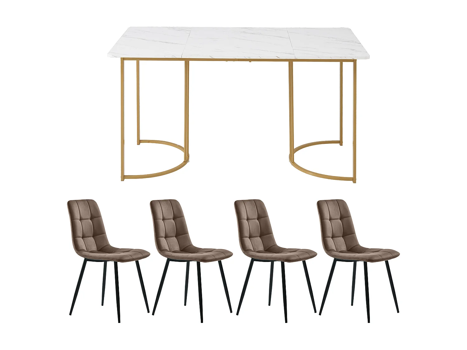 Set da pranzo (5 pezzi), tavolo 140x80 cm con 4 sedie in velluto beige, gambe in metallo dorato, MDF bianco (140x80x75 cm)
