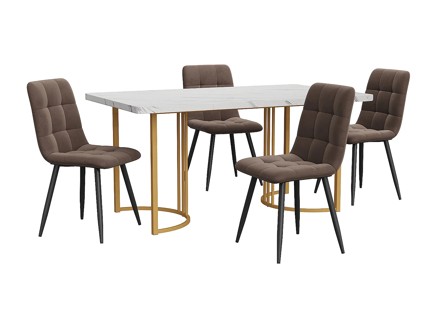 Ensemble de salle à manger (5 pièces), Table 140x80 cm avec 4 chaises en velours beige, pieds métalliques dorés, MDF blanc (140x80x75 cm)