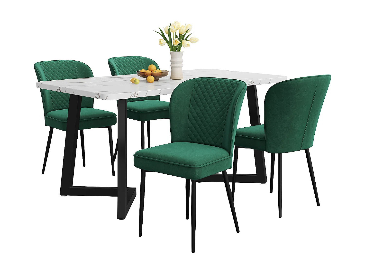 Set da pranzo, tavolo 117x68x75 cm con 4 sedie in velluto, design moderno, gambe in metallo dorato, MDF bianco e nero