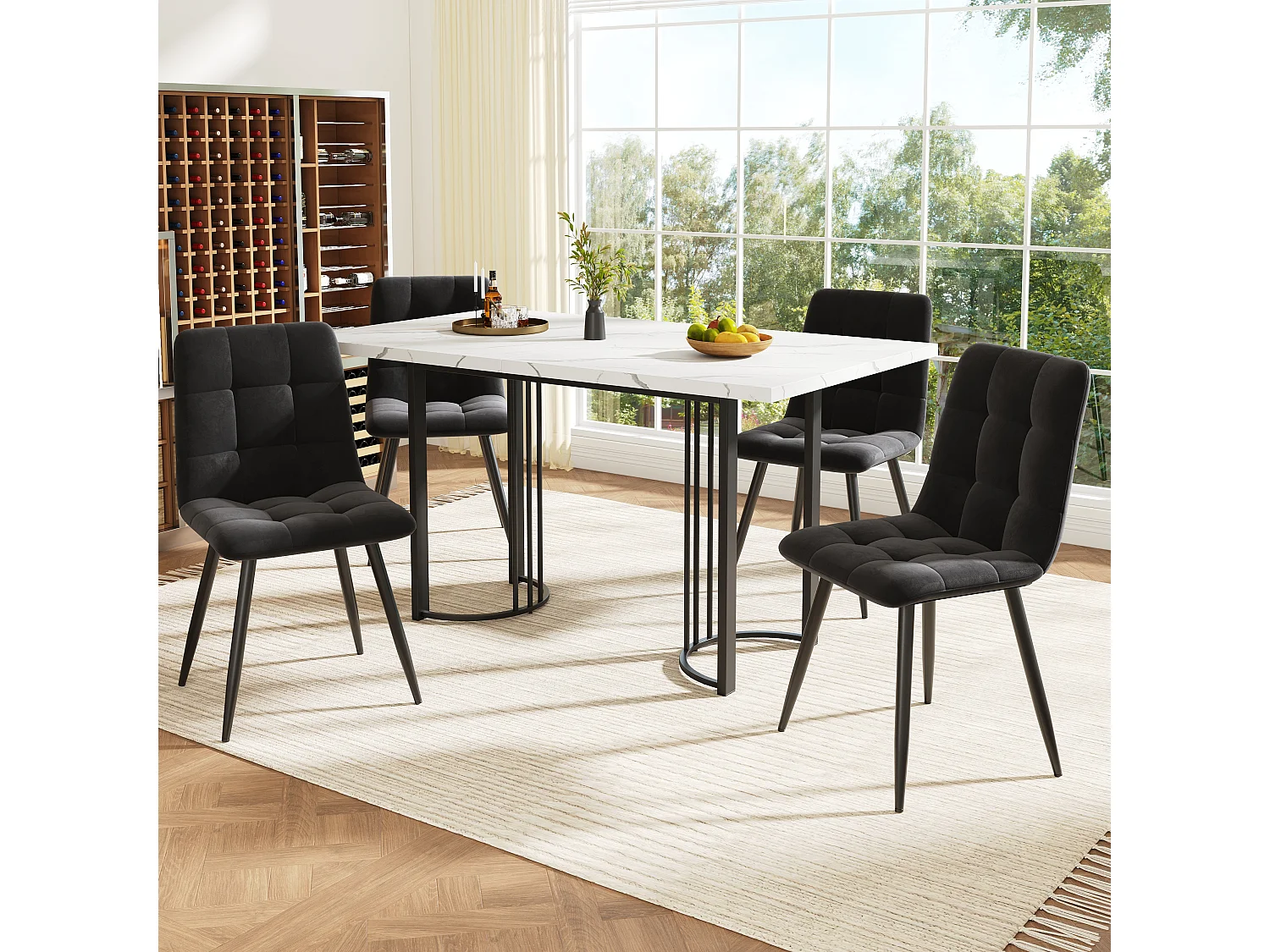 Ensemble salle à manger 5 pièces, table extensible 140-179.5x80 cm, 4 chaises velours noir, pieds métal doré, MDF et métal, noir et blanc