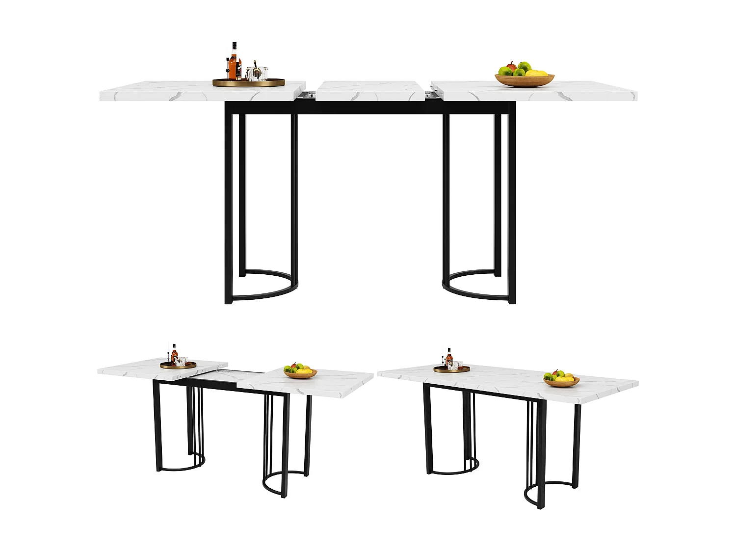 Ensemble salle à manger 5 pièces, table extensible 140-179.5x80 cm, 4 chaises velours noir, pieds métal doré, MDF et métal, noir et blanc