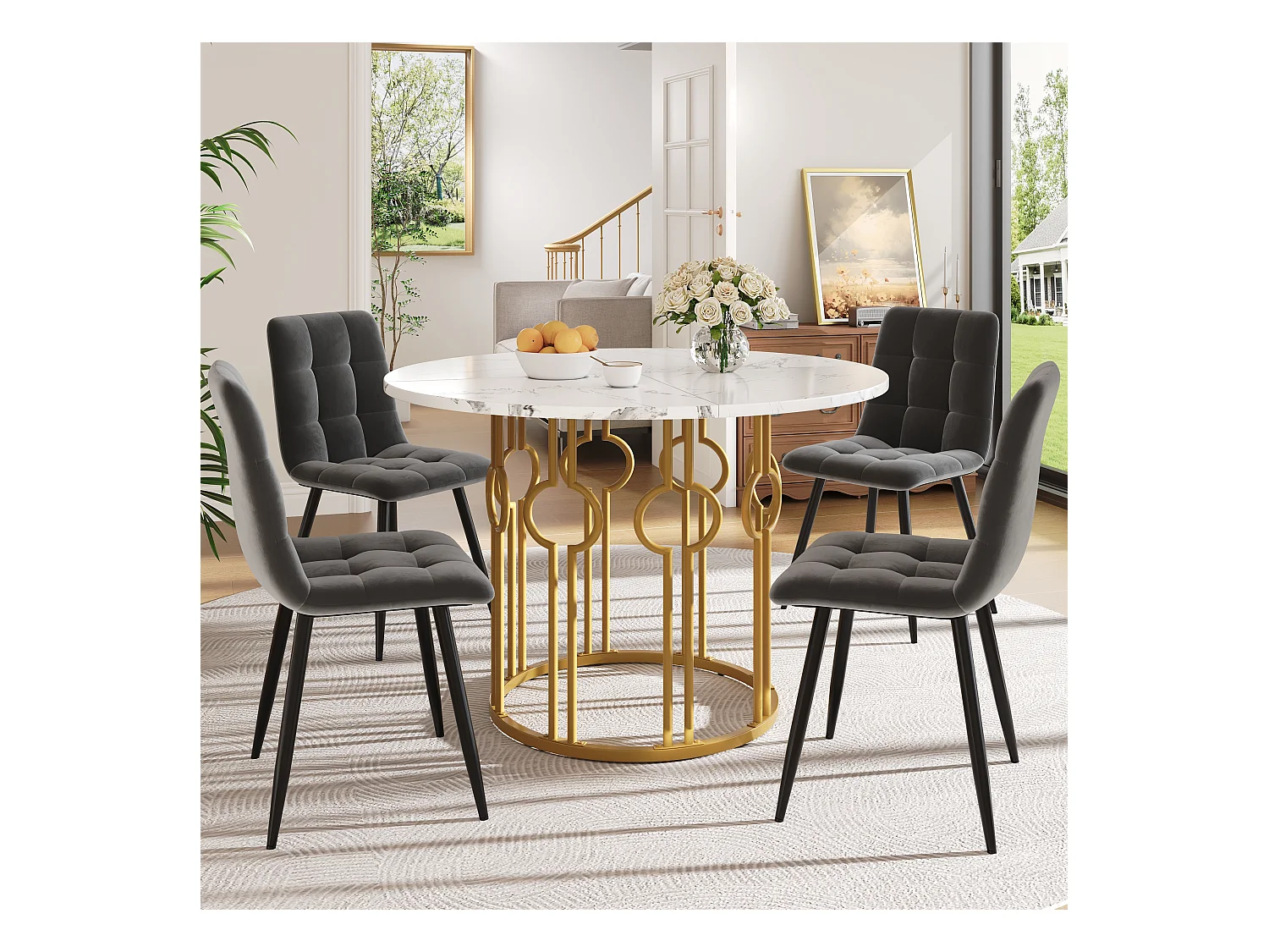Ensemble Table à Manger Ronde avec 4 Chaises, MDF Effet Marbre, Pieds Métalliques Dorés, Chaises en Velours Gris Foncé (100x100x76 cm)
