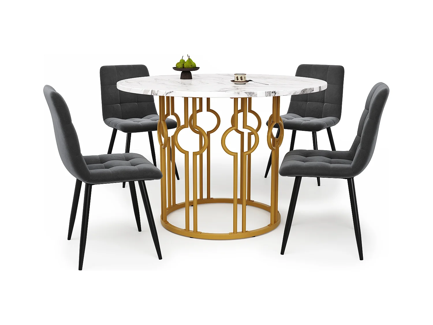 Ensemble Table à Manger Ronde avec 4 Chaises, MDF Effet Marbre, Pieds Métalliques Dorés, Chaises en Velours Gris Foncé (100x100x76 cm)