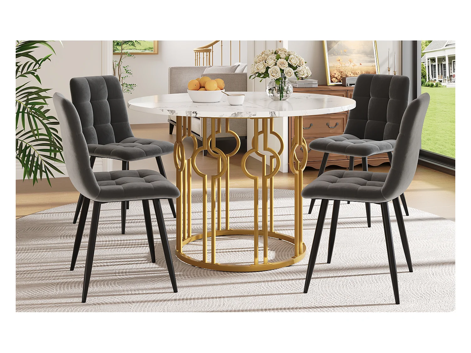 Ensemble Table à Manger Ronde avec 4 Chaises, MDF Effet Marbre, Pieds Métalliques Dorés, Chaises en Velours Gris Foncé (100x100x76 cm)
