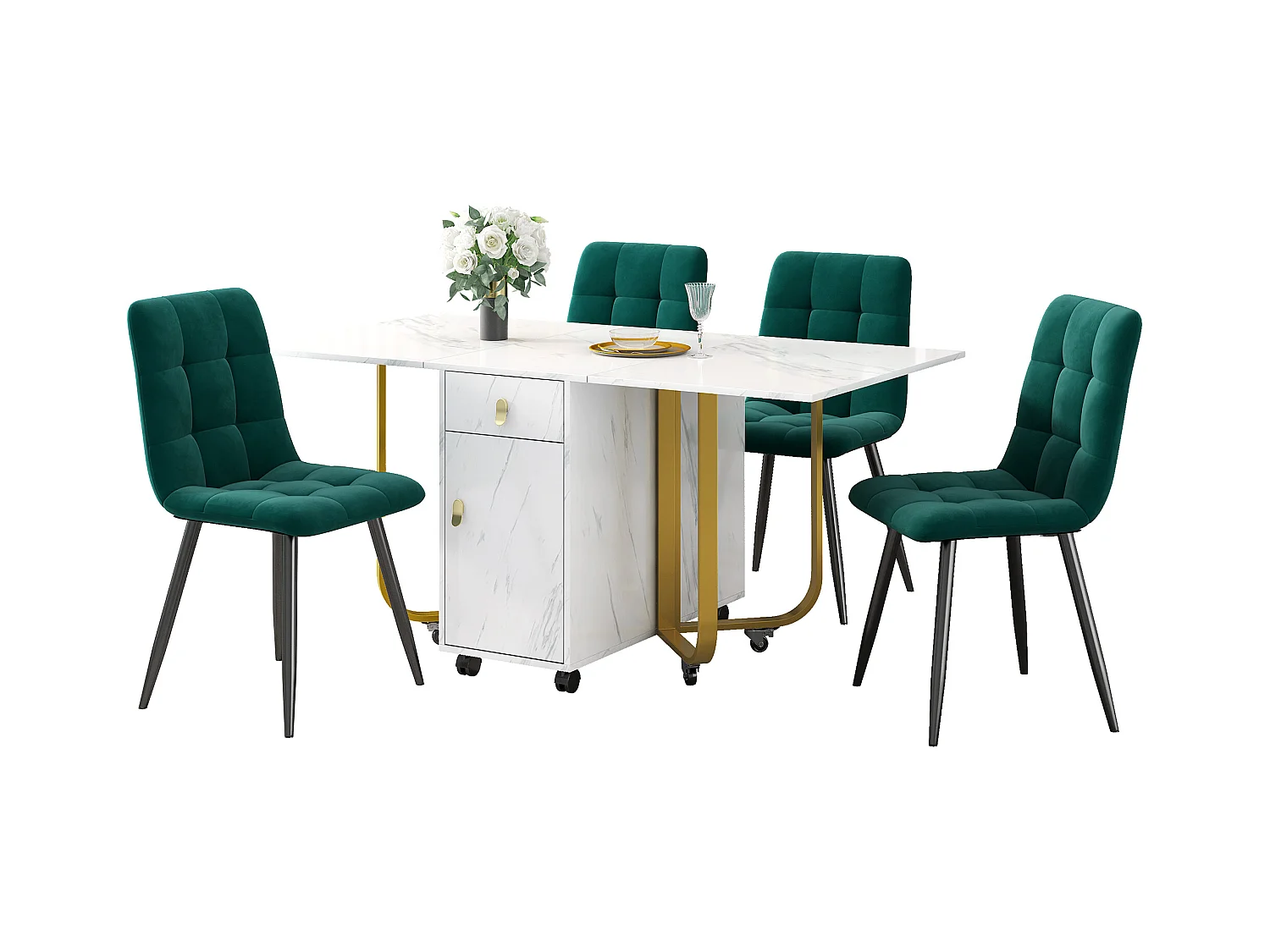 Set da pranzo (5 pezzi), Tavolo allungabile 150/180x80x76 cm con 4 sedie in velluto grigio, Piano in MDF bianco, Gambe in metallo nero