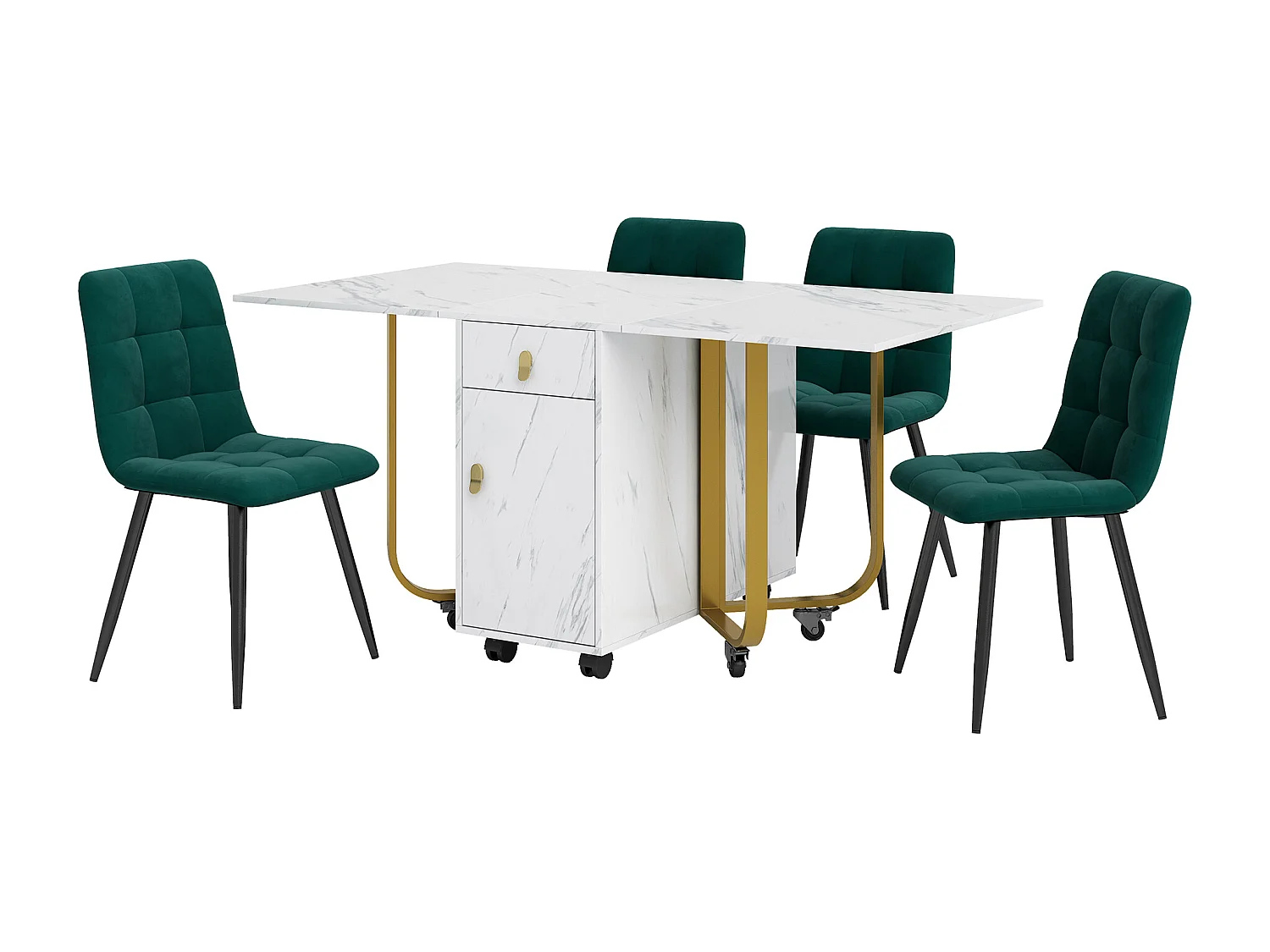 Eetkamerset (5-delig), Uitschuifbare tafel 150/180x80x76 cm met 4 grijze fluwelen stoelen, Wit MDF blad, Zwarte metalen poten