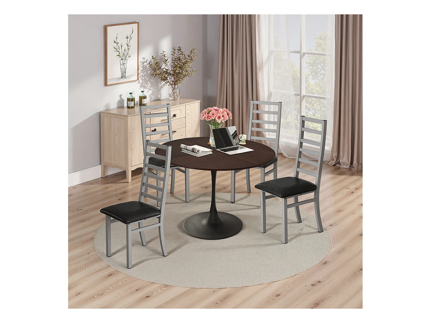 Ensemble de table à manger pour 4, table tulipe 120CM avec 4 chaises, pour salle à manger, café, petits espaces  (120x120x75 cm)