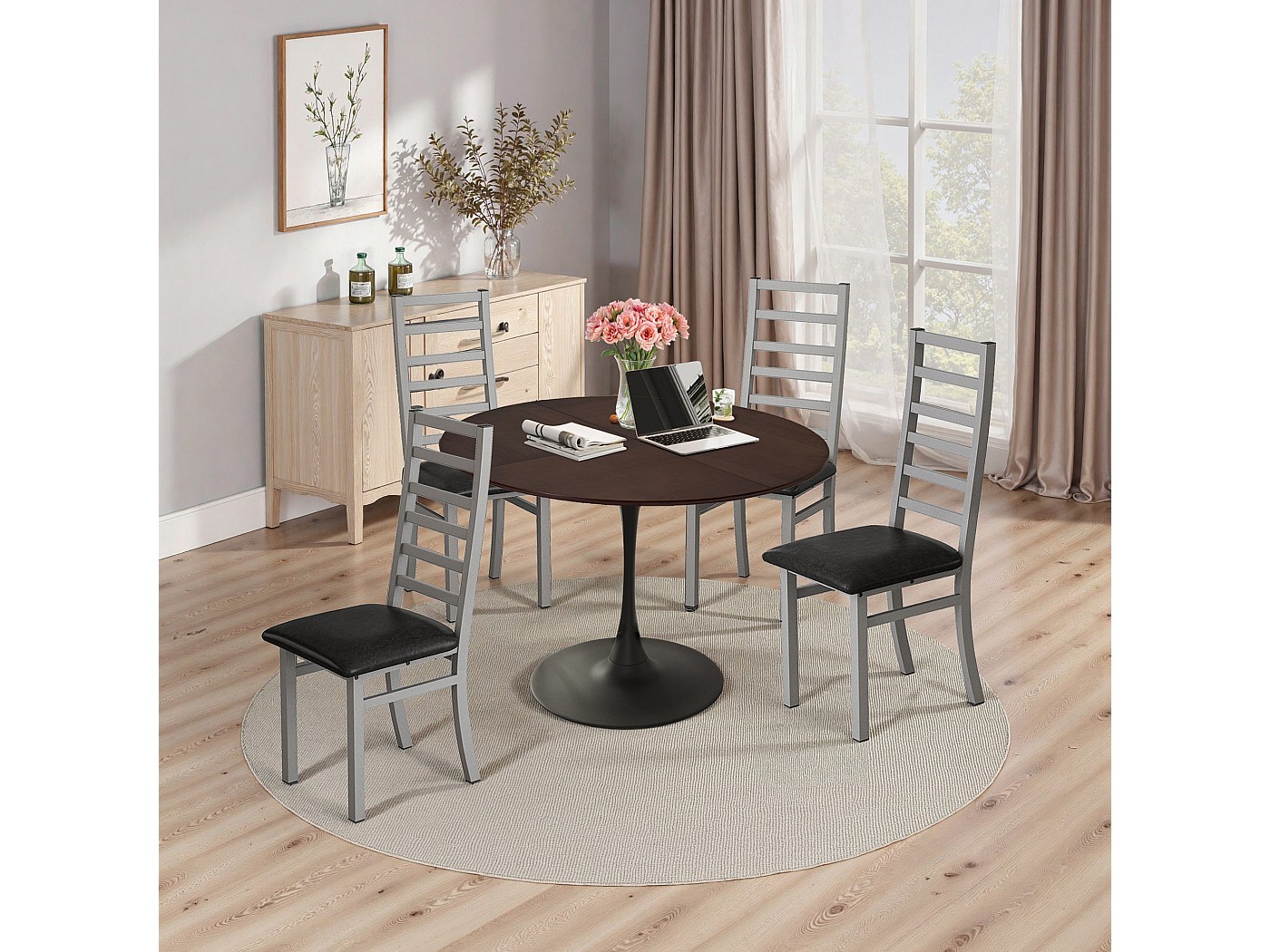 Ensemble Table Et Chaises Salle à Manger – Gris – Lot 5 Pièces 120x120 Cm