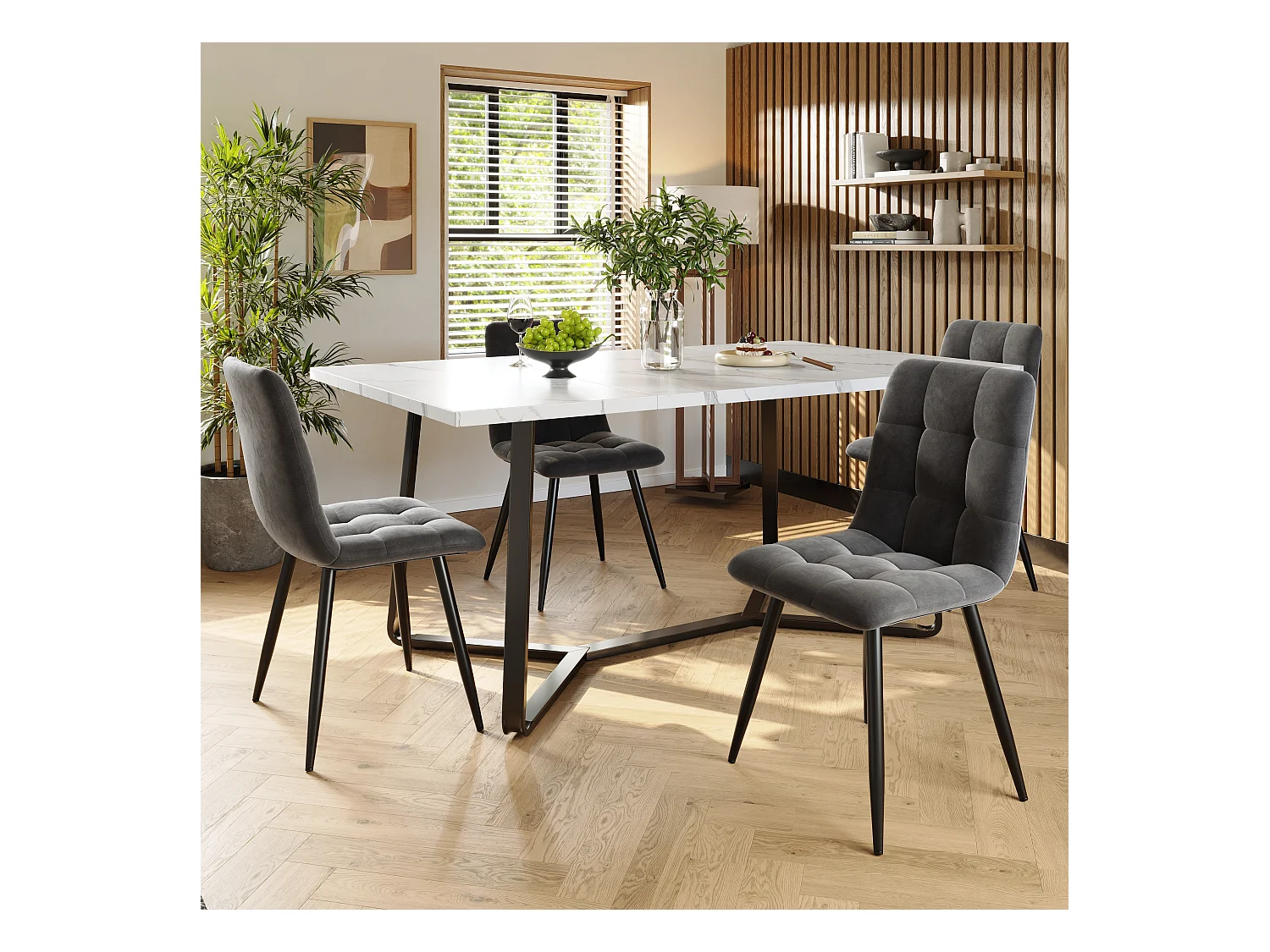 Ensemble de salle à manger 5 pièces, table ronde en marbre avec pieds noirs + 4 chaises en velours gris (108.8 x 75 x 76 cm)