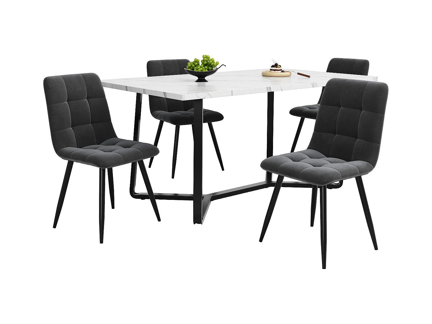 Ensemble de salle à manger 5 pièces, table ronde en marbre avec pieds noirs + 4 chaises en velours gris (108.8 x 75 x 76 cm)