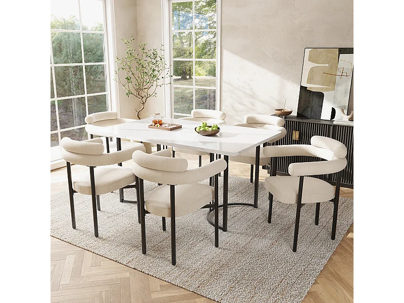 Table de salle à manger 7 pièces, avec pieds en métal, 6 chaises en velours beige, design moderne, MDF, (140x80x75 cm)