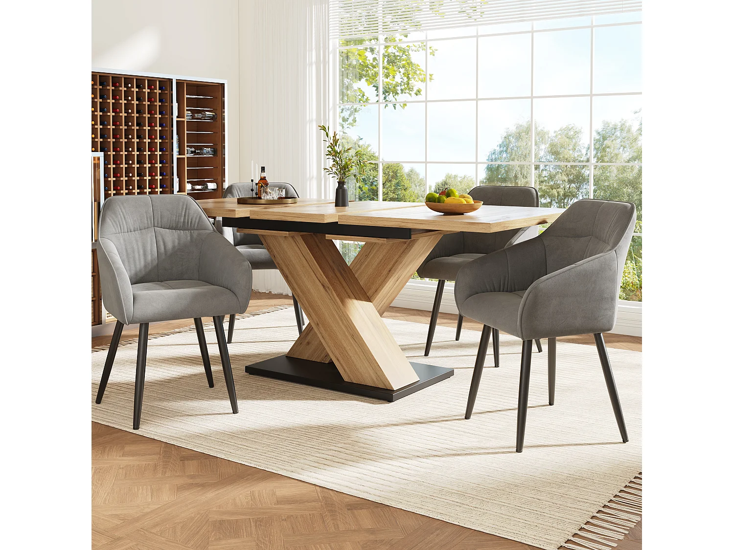 Ensemble table à manger extensible 5 pièces, MDF, bois massif, avec 4 chaises velours gris (119-158.5x80x75 cm)