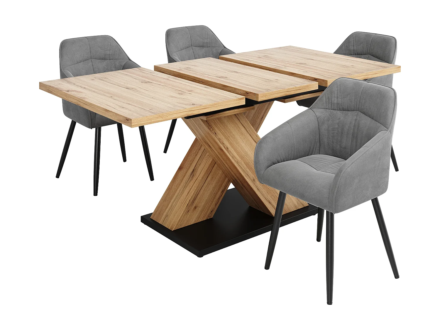 Ensemble table à manger extensible 5 pièces, MDF, bois massif, avec 4 chaises velours gris (119-158.5x80x75 cm)