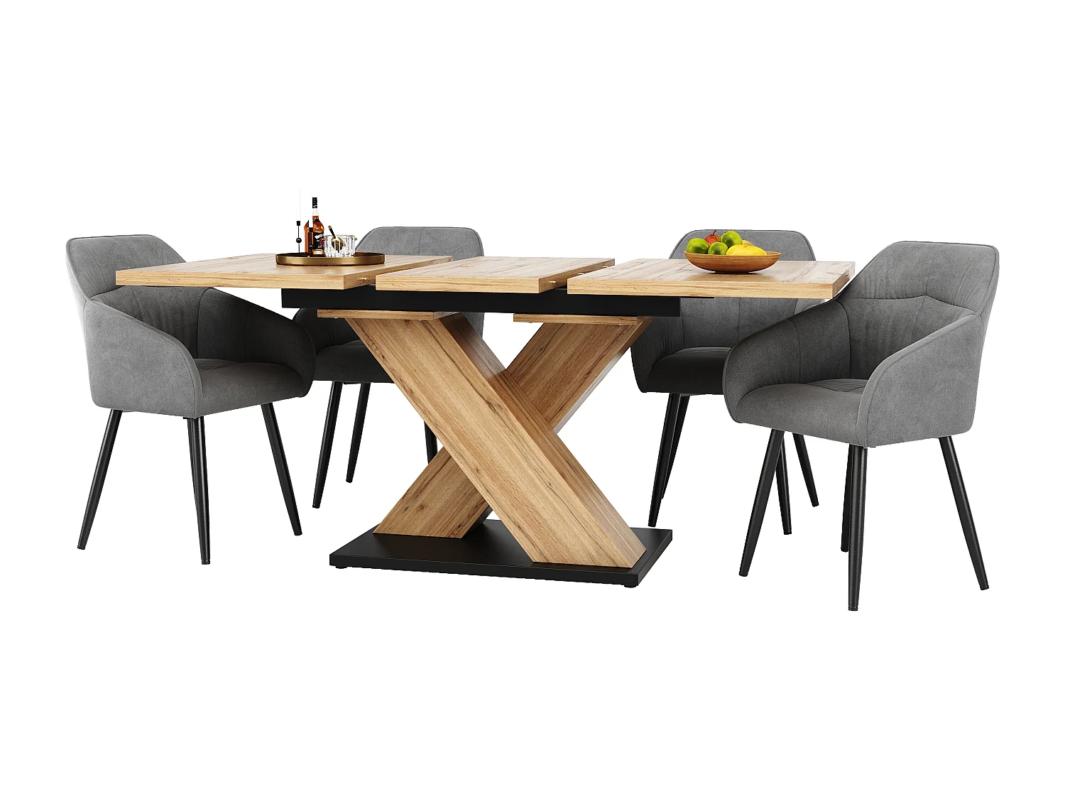 Ensemble table à manger extensible 5 pièces, MDF, bois massif, avec 4 chaises velours gris (119-158.5x80x75 cm)