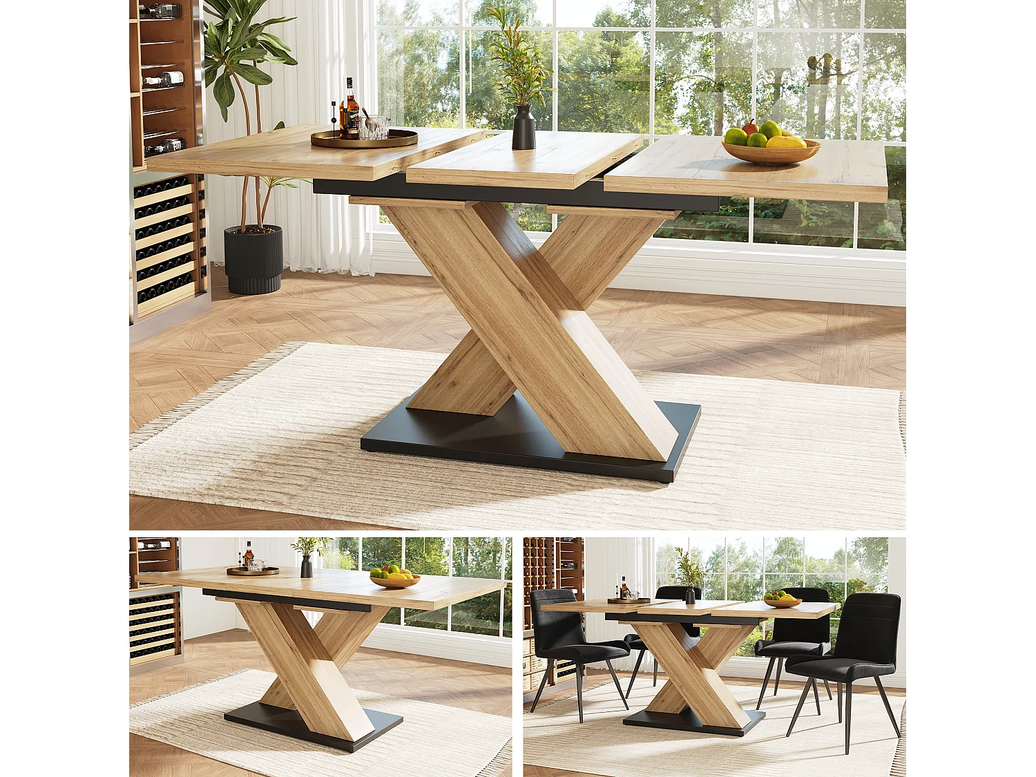 Ensemble table à manger extensible 5 pièces, MDF, bois massif, avec 4 chaises velours gris (119-158.5x80x75 cm)
