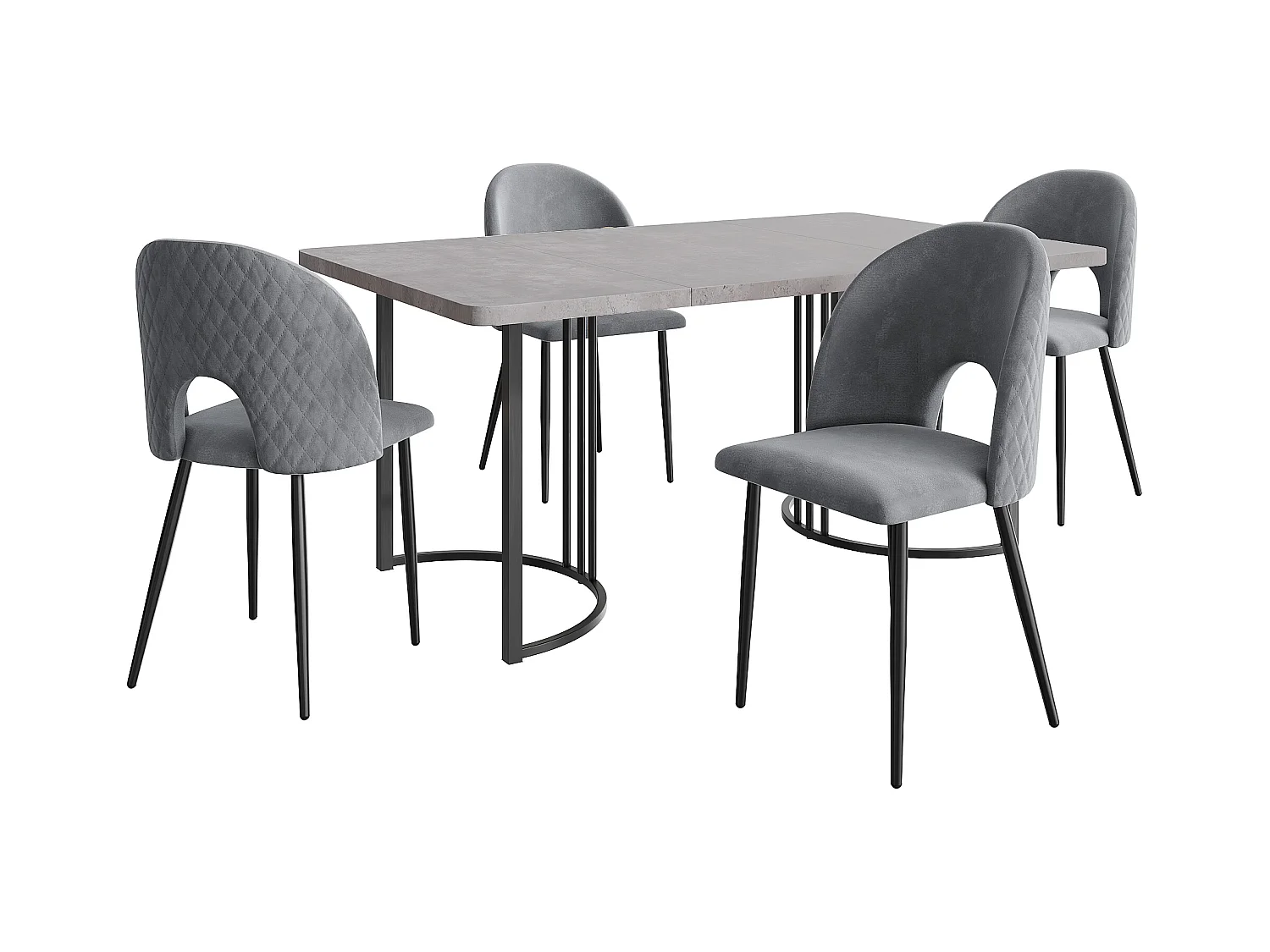 Conjunto de comedor de 5 piezas, mesa de 140x80x75 cm en MDF gris con patas de metal negro, 4 sillas de terciopelo negro con estampado de rombos