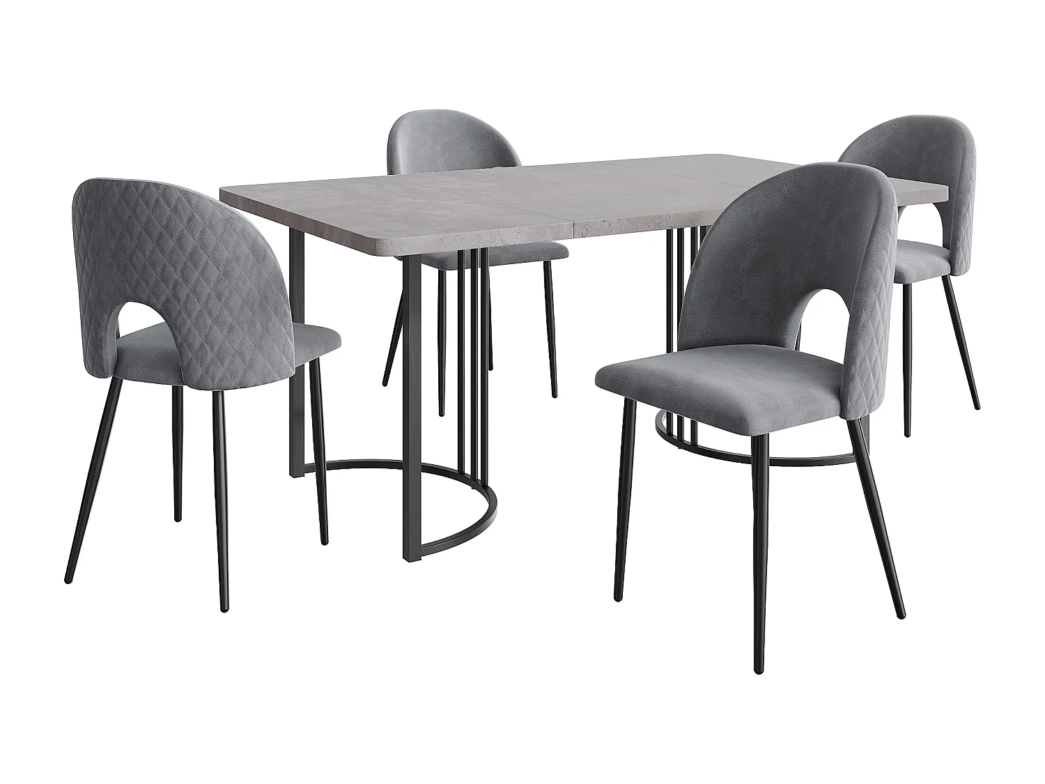 Ensemble salle à manger 5 pièces, table 140x80x75 cm en MDF gris avec pieds métalliques noirs, 4 chaises en velours noir avec motif diamant