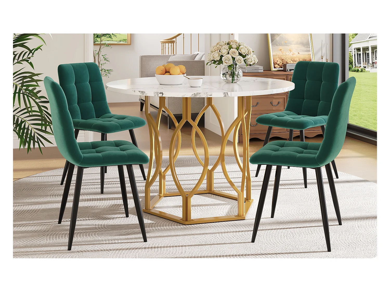 Ensemble Table à Manger Ronde avec 4 Chaises, MDF Effet Marbre, Pieds Métalliques Dorés, Chaises en Velours Vert Foncé (100x100x76 cm)