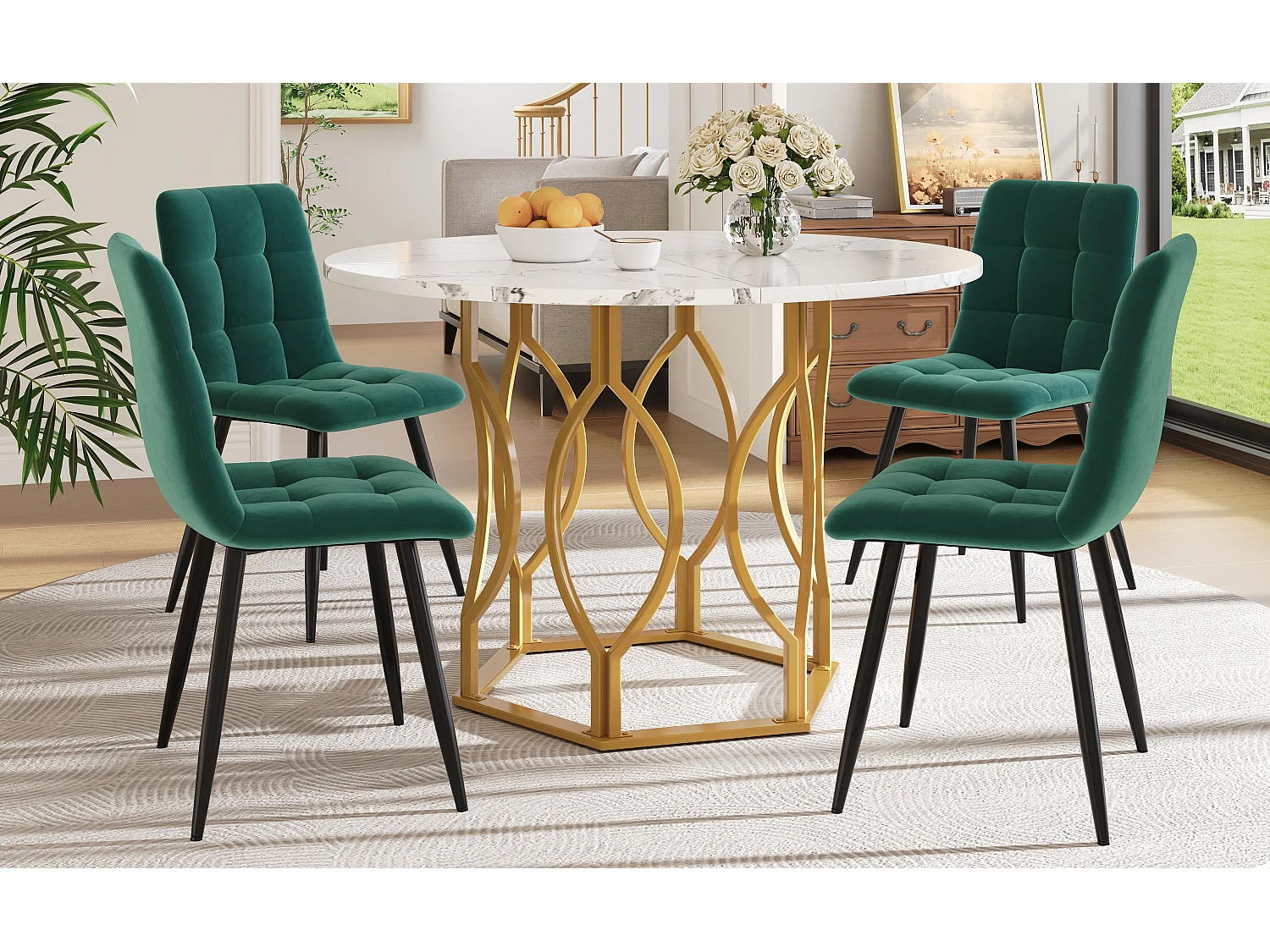 Ensemble Table à Manger Ronde avec 4 Chaises, MDF Effet Marbre, Pieds Métalliques Dorés, Chaises en Velours Vert Foncé (100x100x76 cm)