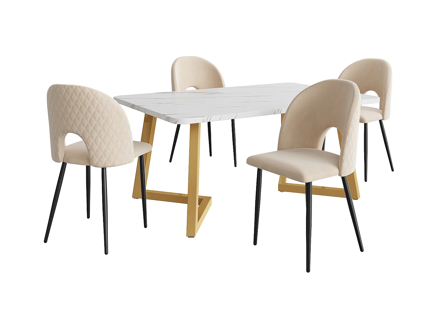 Eetkamerset van 5 stuks, rechthoekige tafel, 4 beige fluwelen stoelen met ruitpatroon, verstelbare poten, gouden voetjes (117x68x75 cm)