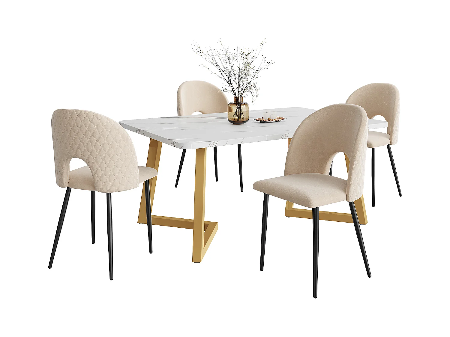 Ensemble salle à manger 5 pièces, table rectangulaire , 4 chaises velours beige motif diamant, pieds réglables, pieds dorés (117x68x75 cm)