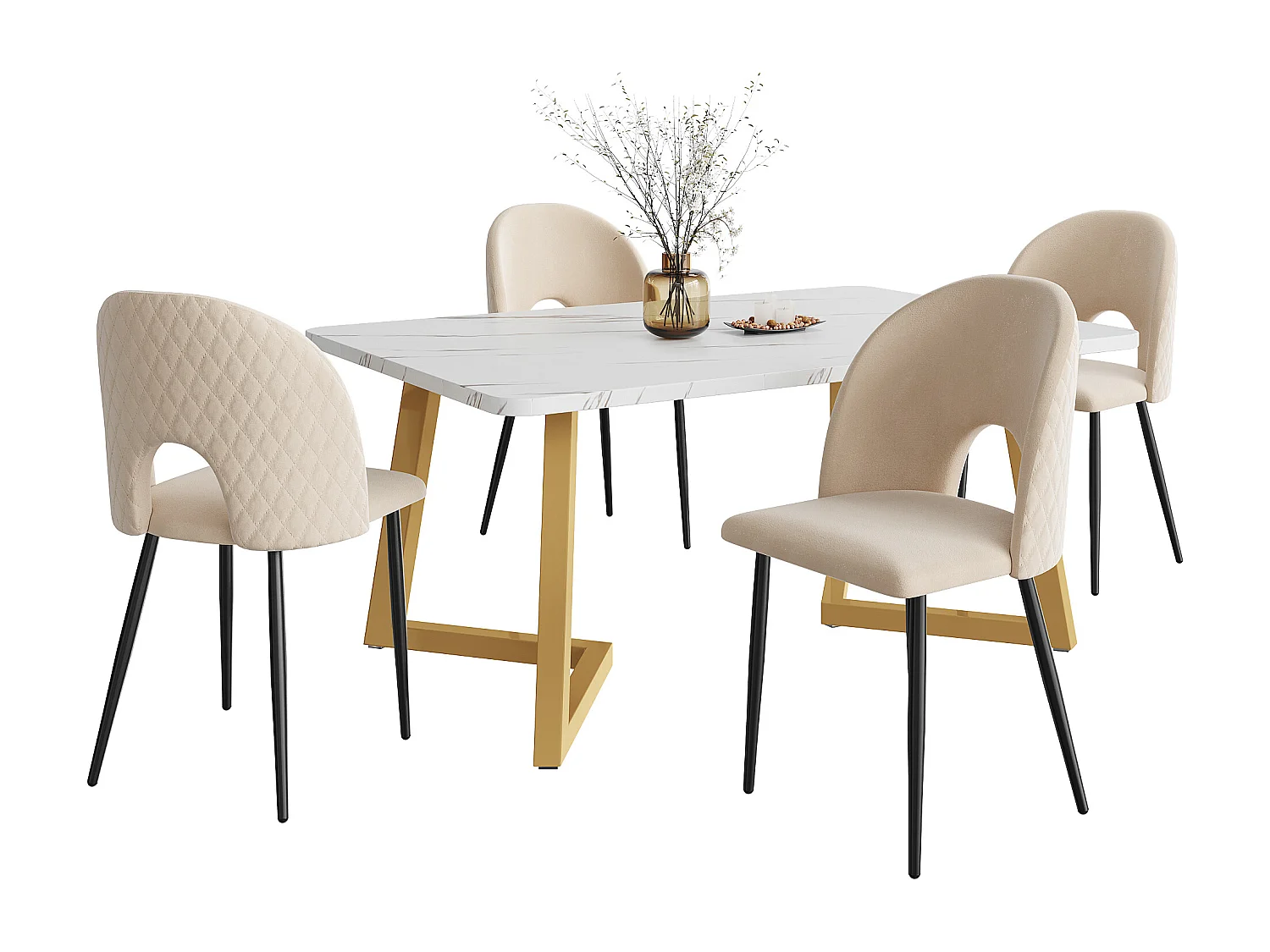 Conjunto de comedor de 5 piezas, mesa rectangular, 4 sillas de terciopelo beige con estampado de rombos, patas regulables, pies dorados (117x68x75 cm)