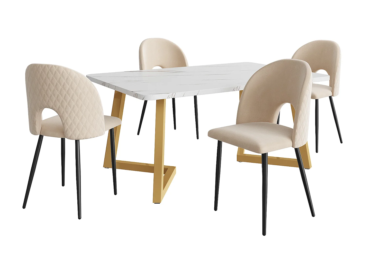 Conjunto de comedor de 5 piezas, mesa rectangular, 4 sillas de terciopelo beige con estampado de rombos, patas regulables, pies dorados (117x68x75 cm)
