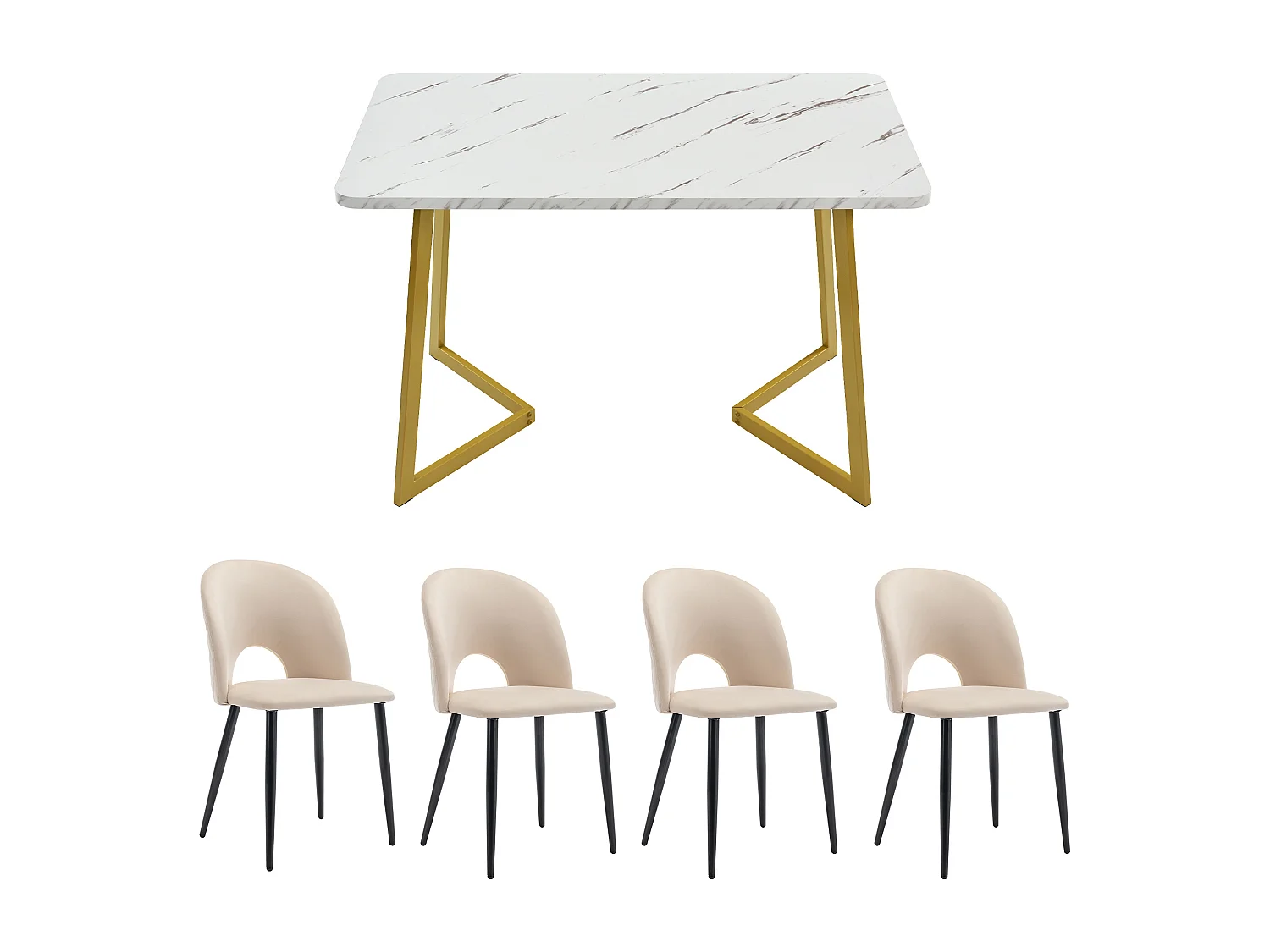 Conjunto de comedor de 5 piezas, mesa rectangular, 4 sillas de terciopelo beige con estampado de rombos, patas regulables, pies dorados (117x68x75 cm)