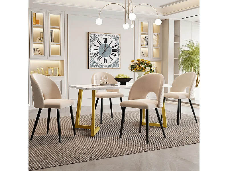 Set da pranzo da 5 pezzi, tavolo rettangolare, 4 sedie in velluto beige con motivo a rombi, gambe regolabili, piedini dorati (117x68x75 cm)