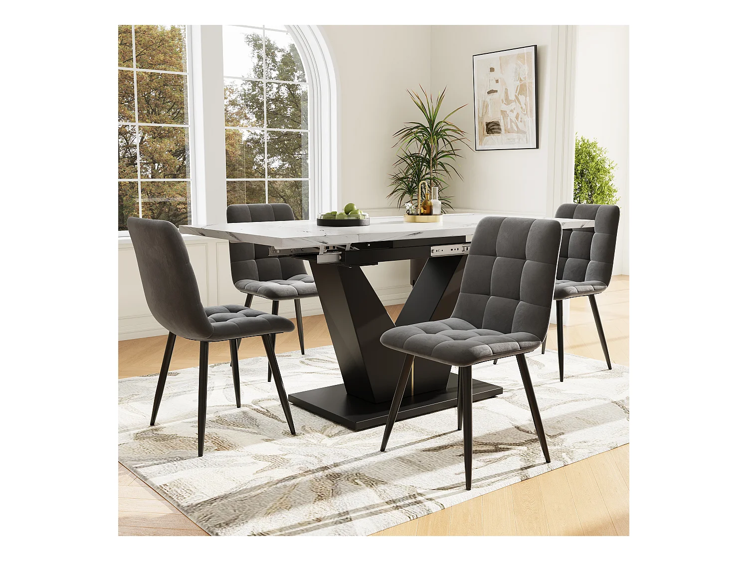 Set da pranzo composto da 5 pezzi, tavolo allungabile, 4 sedie, MDF marmorizzato, gambe a V nere, sedie in velluto grigio (99-159x75x75 cm)