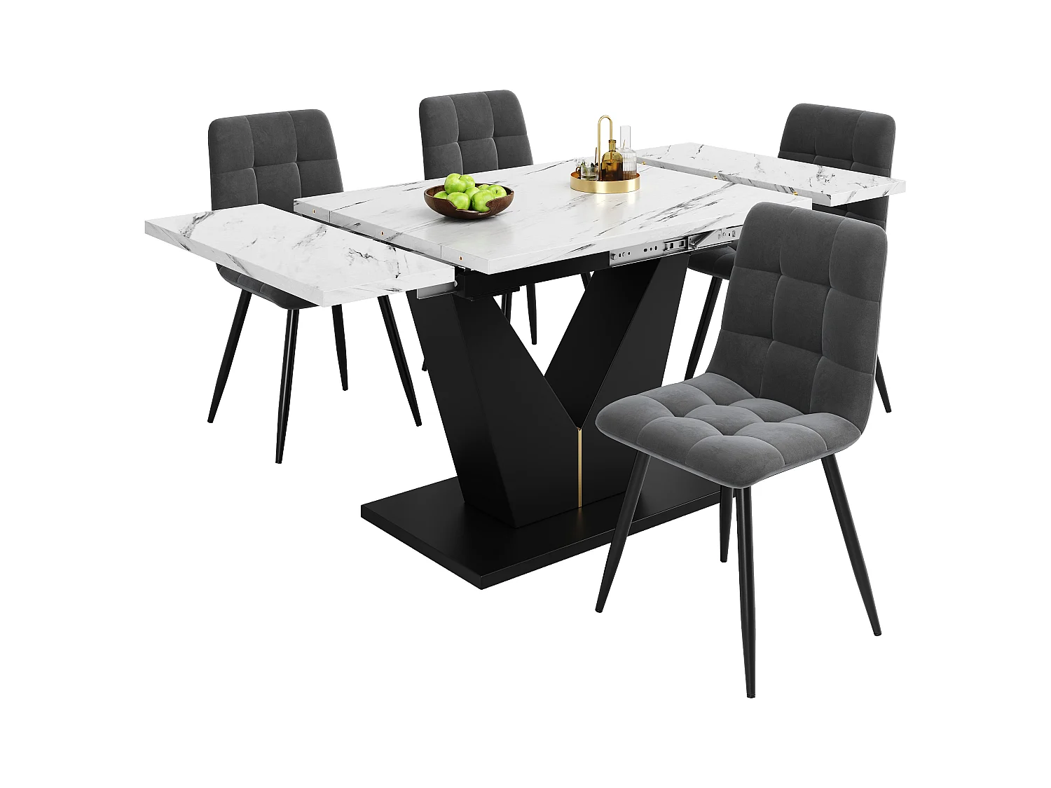 Set da pranzo composto da 5 pezzi, tavolo allungabile, 4 sedie, MDF marmorizzato, gambe a V nere, sedie in velluto grigio (99-159x75x75 cm)