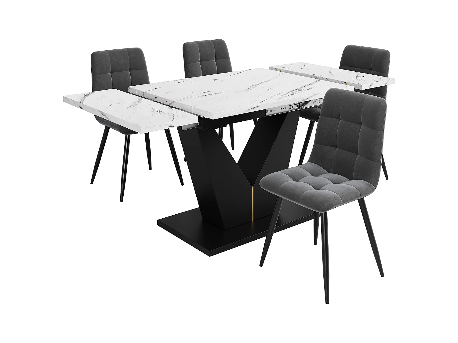 Set da pranzo composto da 5 pezzi, tavolo allungabile, 4 sedie, MDF marmorizzato, gambe a V nere, sedie in velluto grigio (99-159x75x75 cm)