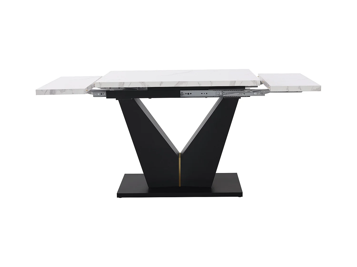 Set da pranzo composto da 5 pezzi, tavolo allungabile, 4 sedie, MDF marmorizzato, gambe a V nere, sedie in velluto grigio (99-159x75x75 cm)