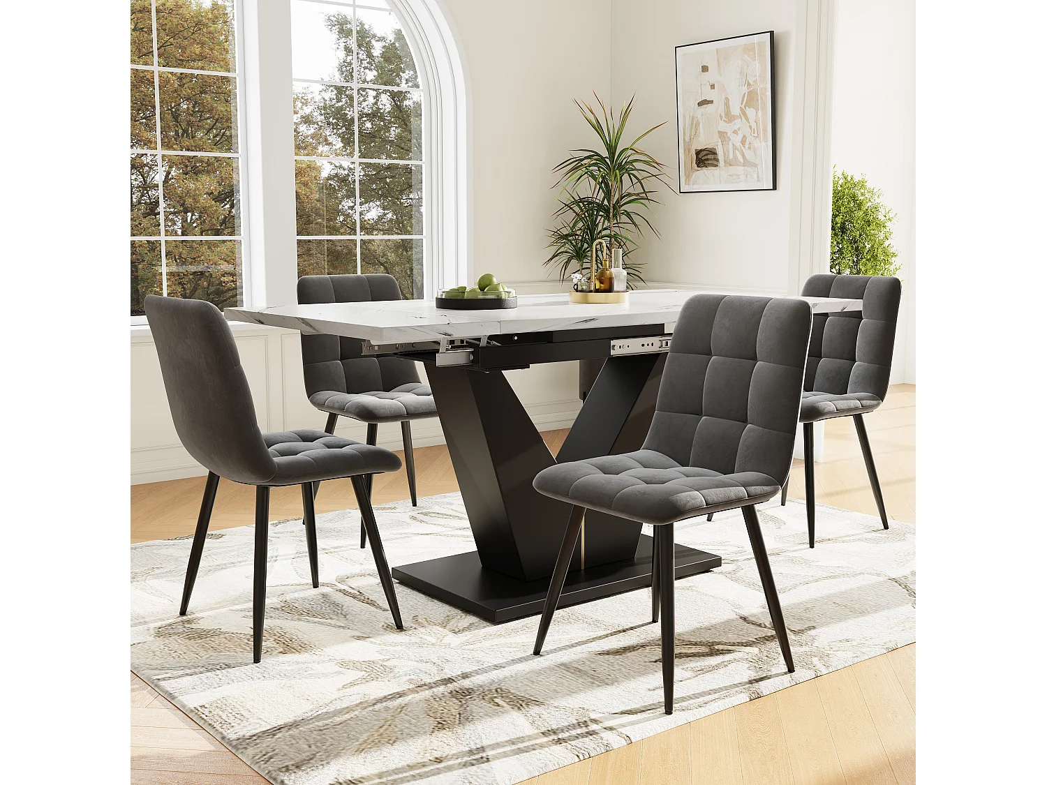 Ensemble table à manger 5 pièces, extensible, 4 chaises, MDF marbré, pieds V noir, chaises velours gris (99-159x75x75 cm)