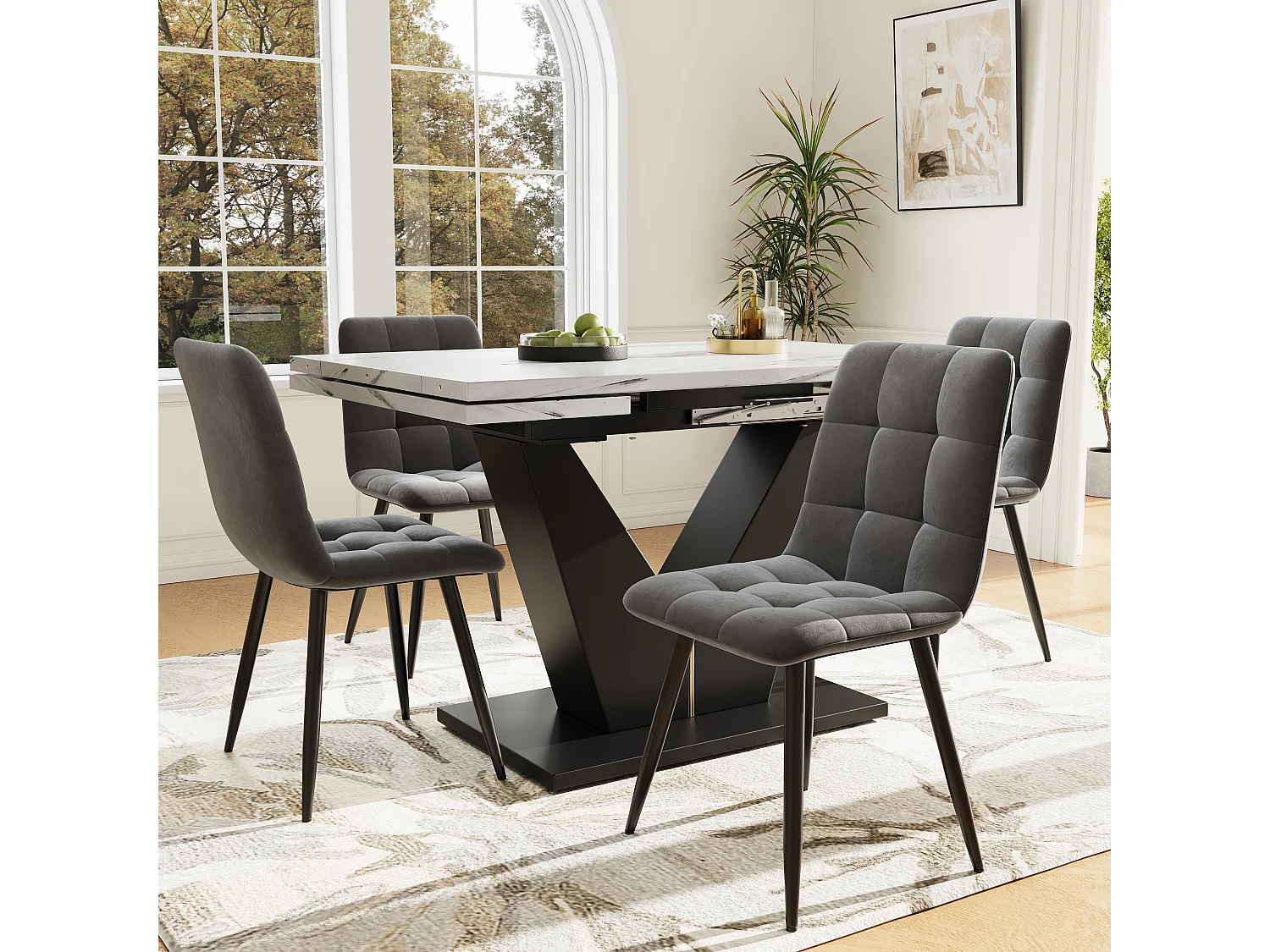 Ensemble table à manger 5 pièces, extensible, 4 chaises, MDF marbré, pieds V noir, chaises velours gris (99-159x75x75 cm)