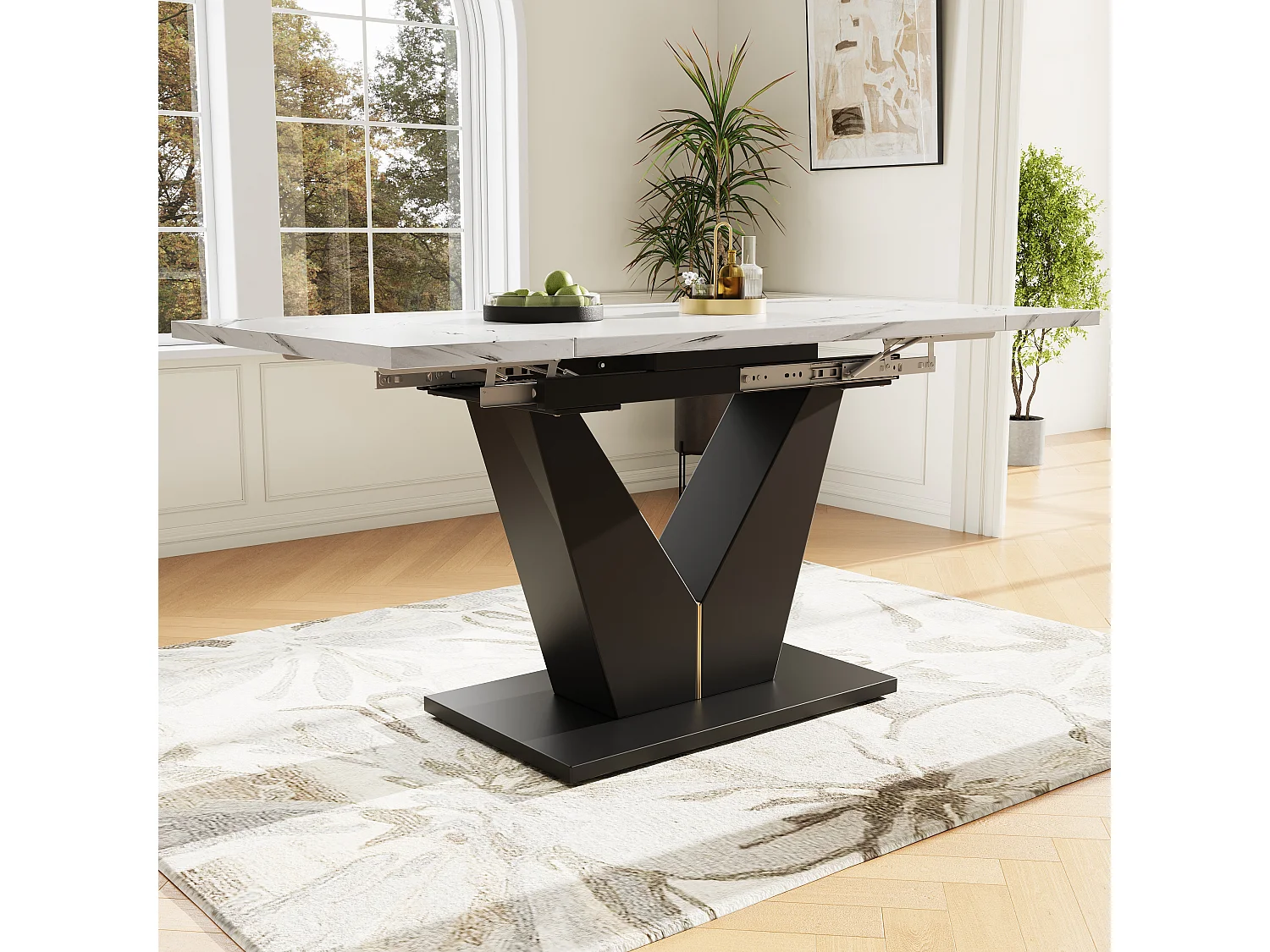 Ensemble table à manger 5 pièces, extensible, 4 chaises, MDF marbré, pieds V noir, chaises velours gris (99-159x75x75 cm)