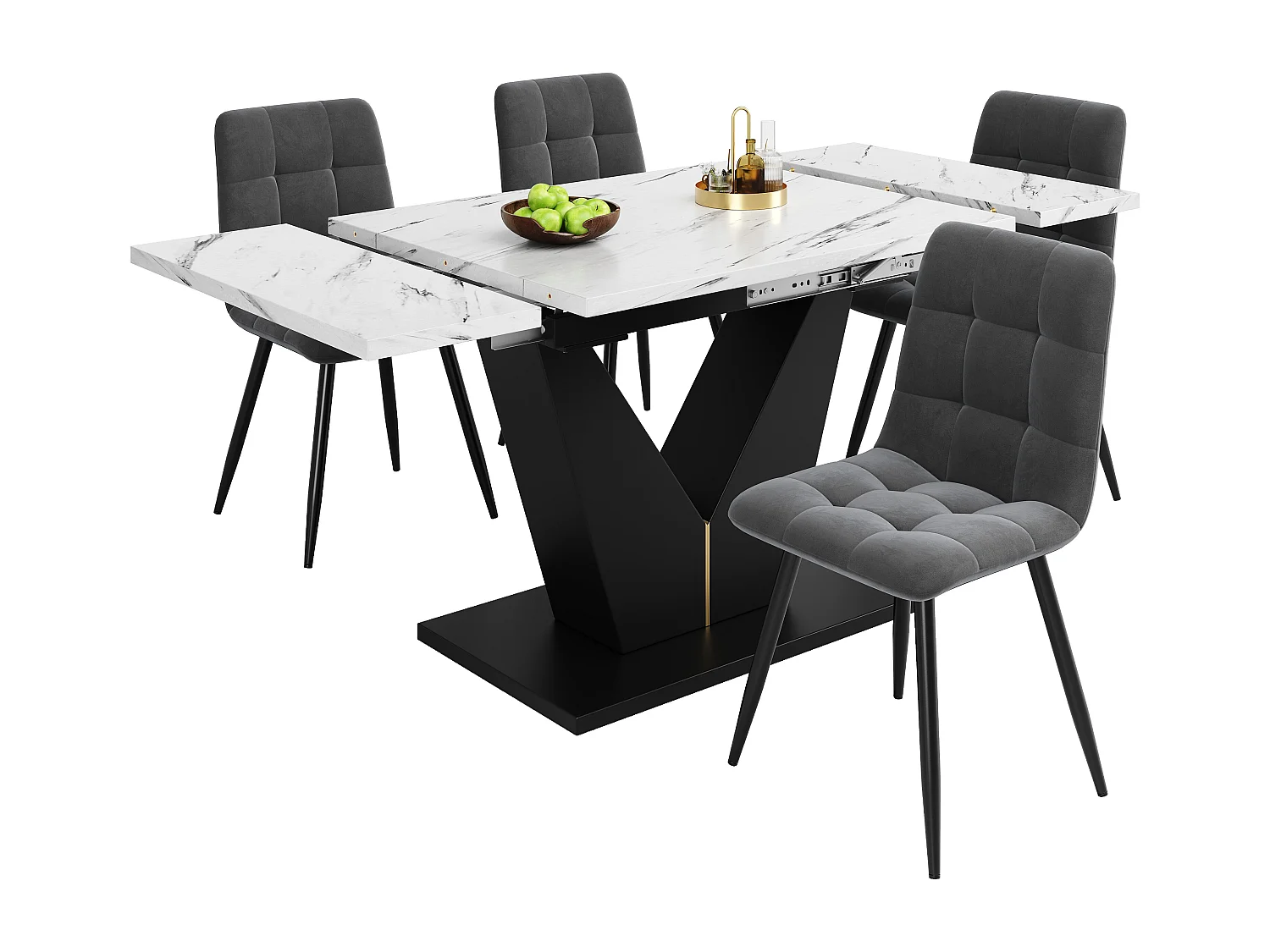 Ensemble table à manger 5 pièces, extensible, 4 chaises, MDF marbré, pieds V noir, chaises velours gris (99-159x75x75 cm)