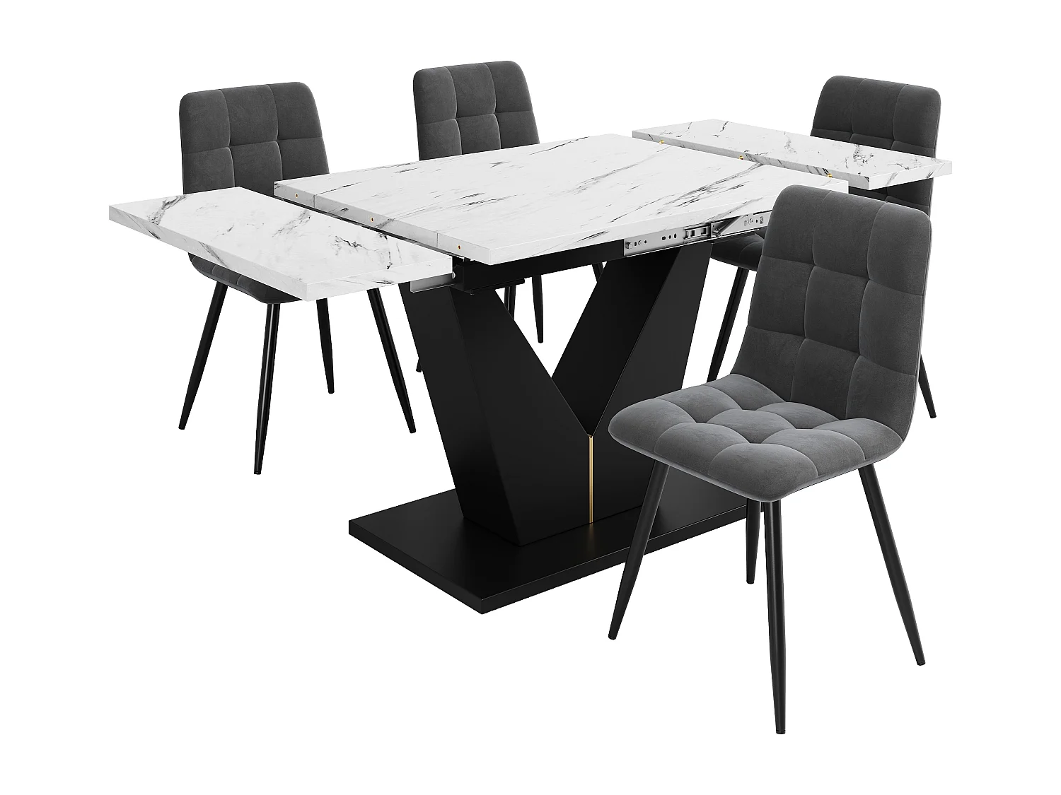 Ensemble table à manger 5 pièces, extensible, 4 chaises, MDF marbré, pieds V noir, chaises velours gris (99-159x75x75 cm)
