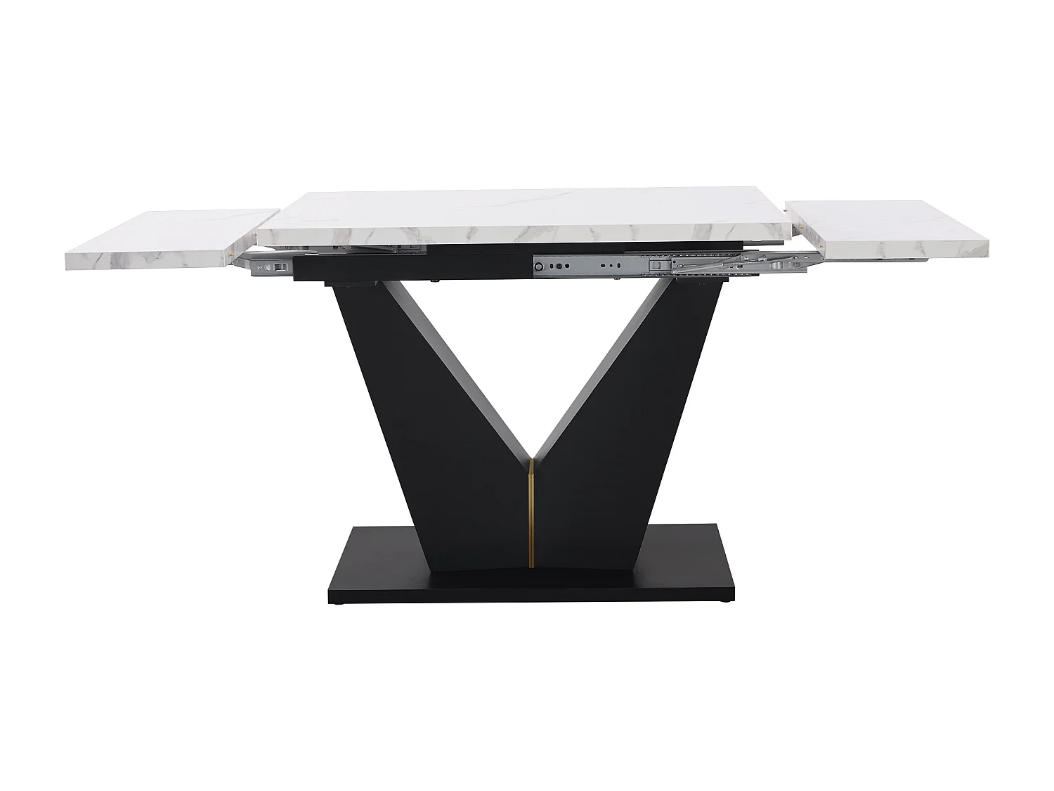Ensemble table à manger 5 pièces, extensible, 4 chaises, MDF marbré, pieds V noir, chaises velours gris (99-159x75x75 cm)